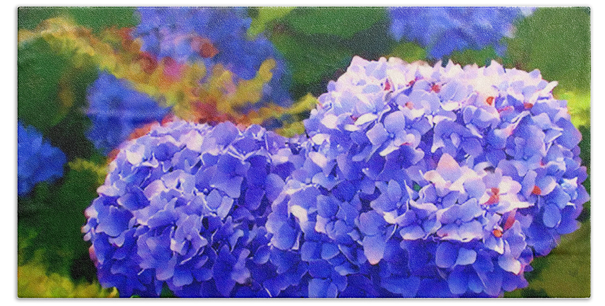 Blue Hydrangea Bath Towel featuring the painting Blue Hydrangea by Two Hivelys
