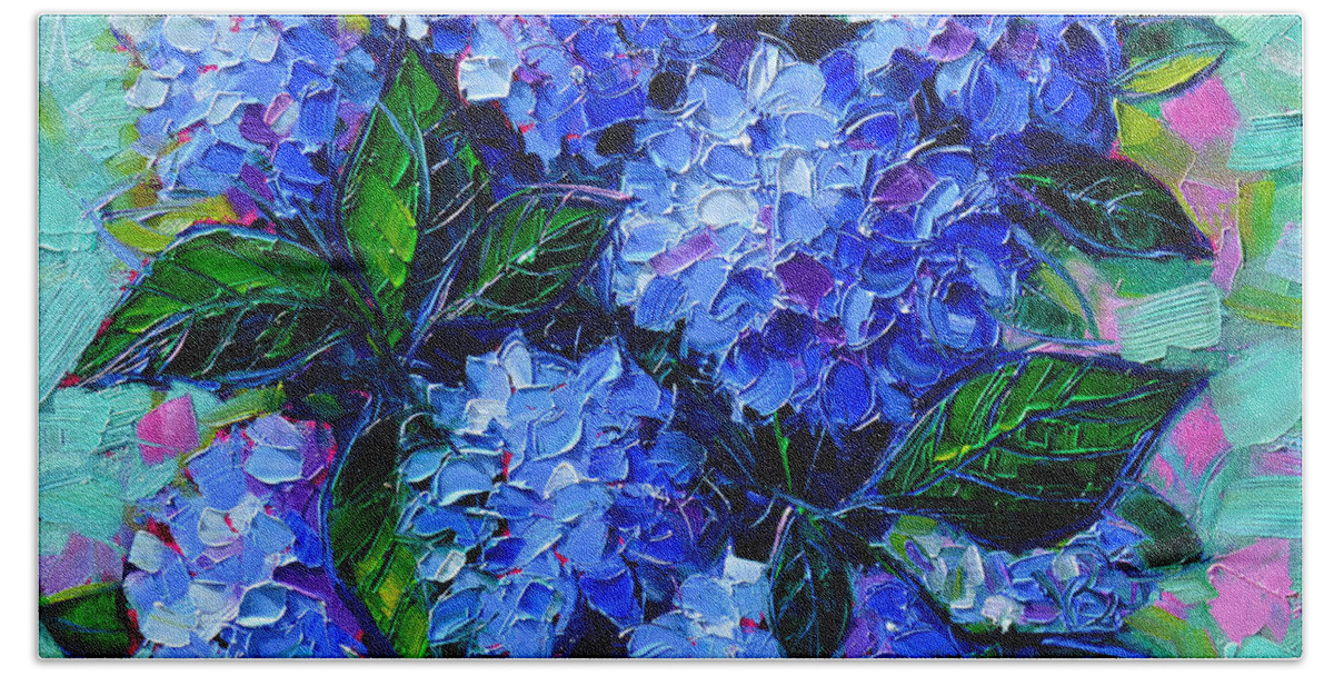 Blue Hydrangeas Hand Towel featuring the painting Blue Hydrangeas - Abstract Floral Composition by Mona Edulesco