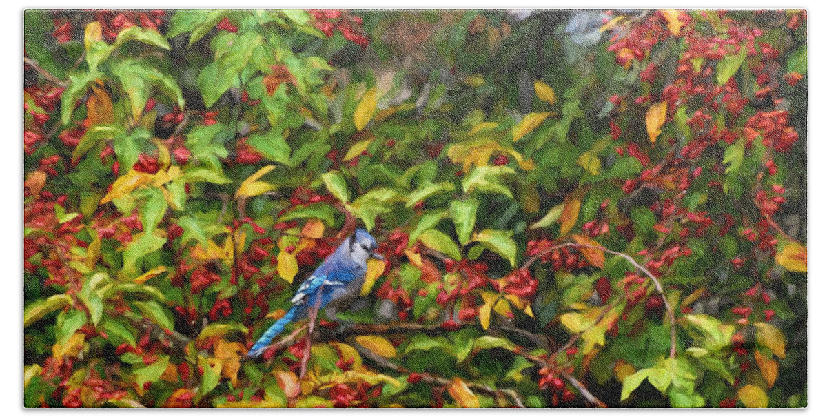 Blue Jay Bath Towel featuring the painting Blue Jay and Berries by Kerri Farley