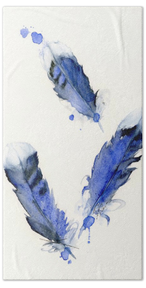 Watercolor Feathers Bath Towel featuring the painting Blue Jay Feathers by Dawn Derman