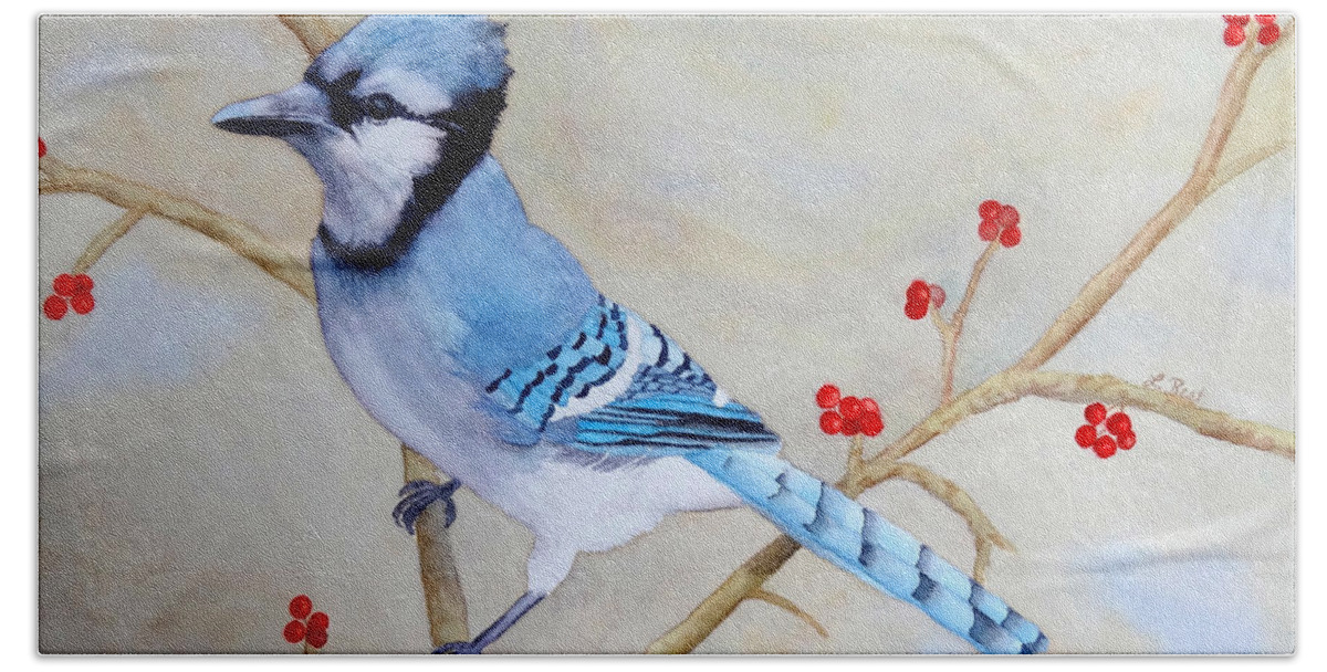 Blue Jay Bath Towel featuring the painting Blue Jay by Laurel Best