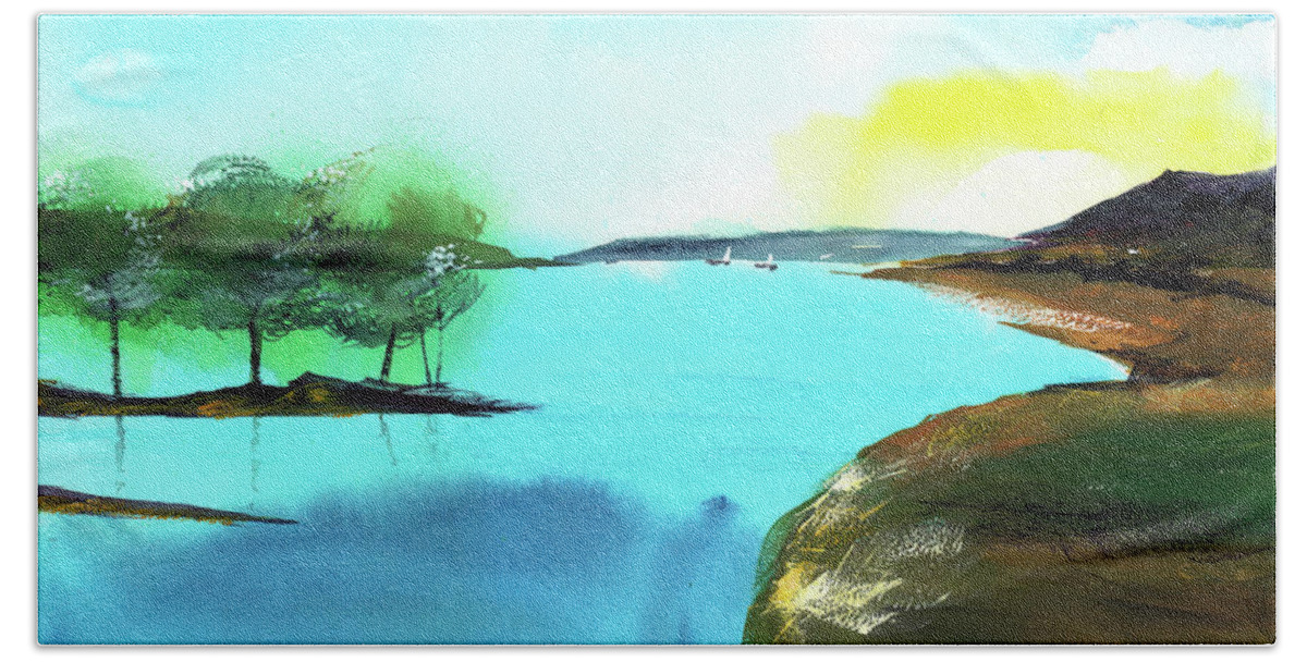 Nature Hand Towel featuring the painting Blue Lake by Anil Nene