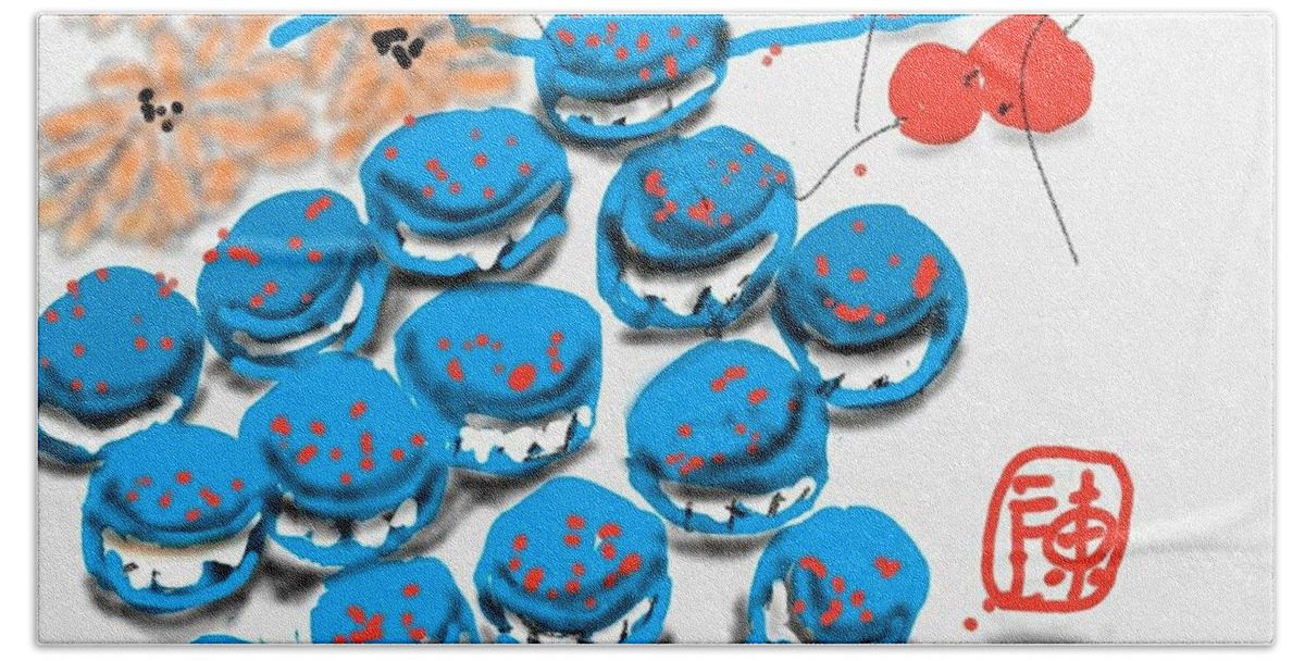 Macaroons. Blue. French. Cherries. Mums Bath Towel featuring the digital art blue Macaroons for golden gal by Debbi Saccomanno Chan