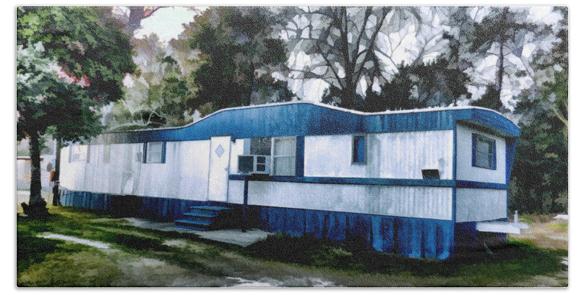 Blue Mobile Home Trailer House Bath Towel featuring the painting Blue Mobile Home Trailer House by Jeelan Clark