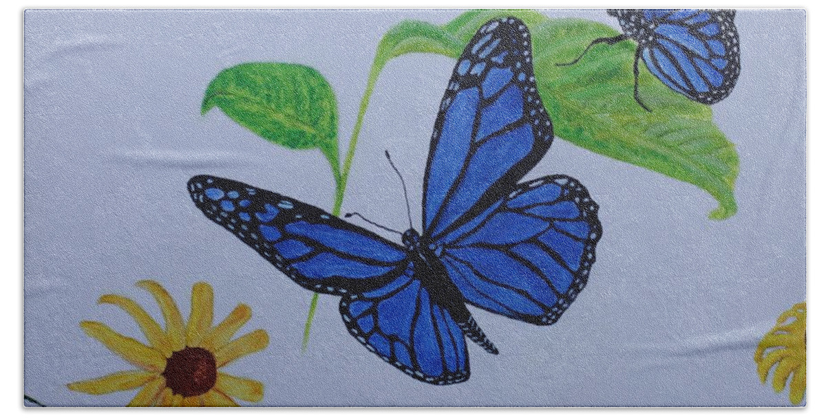 Monarch Hand Towel featuring the painting Blue Monarch by Terry Frederick
