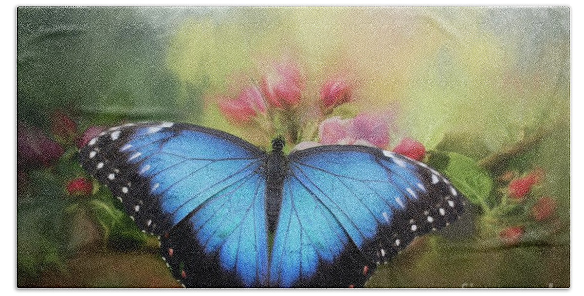 Blue Morpho Bath Towel featuring the photograph Blue Morpho on a Blossom by Eva Lechner