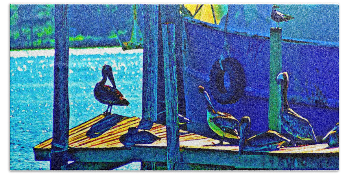 Water Bath Towel featuring the painting Blue Pelicans by Michael Thomas