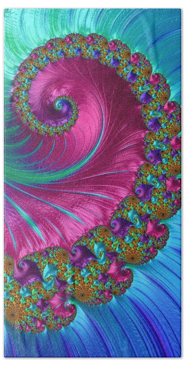 Bright Hand Towel featuring the digital art Blue Pink Spiral Fractal by Mo Barton