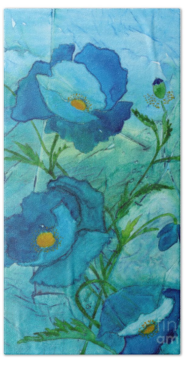Poppies Hand Towel featuring the painting Blue Poppies, Watercolor on Yupo by Conni Schaftenaar
