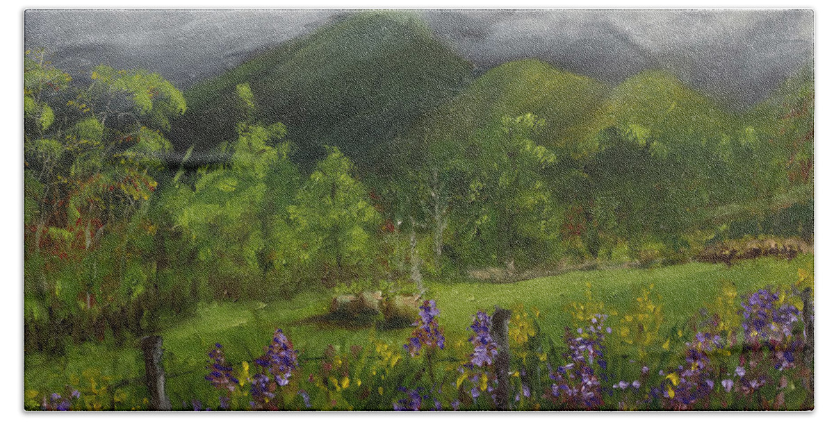 Blue Ridge Mountain Landscape Bath Towel featuring the painting Blue Ridge Mountain Summer Landscape Painting by Gray Artus