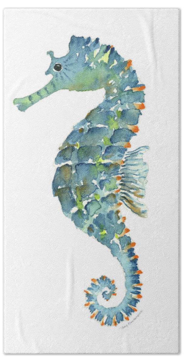 Beach House Hand Towel featuring the painting Blue Seahorse by Amy Kirkpatrick