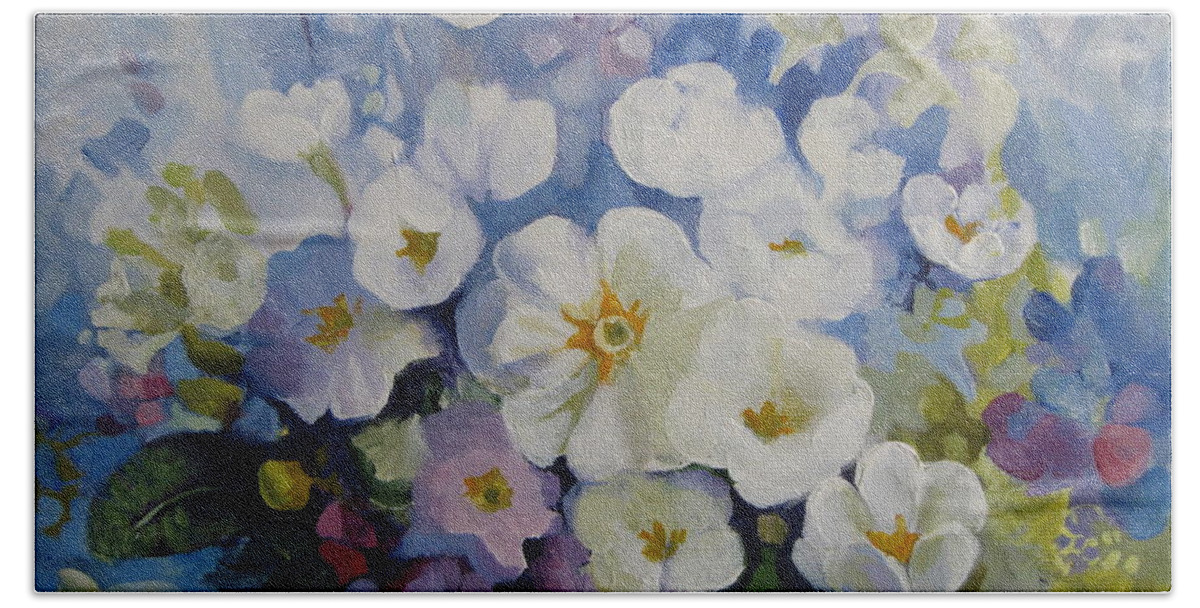 Primrose Hand Towel featuring the painting Blue spring by Elena Oleniuc