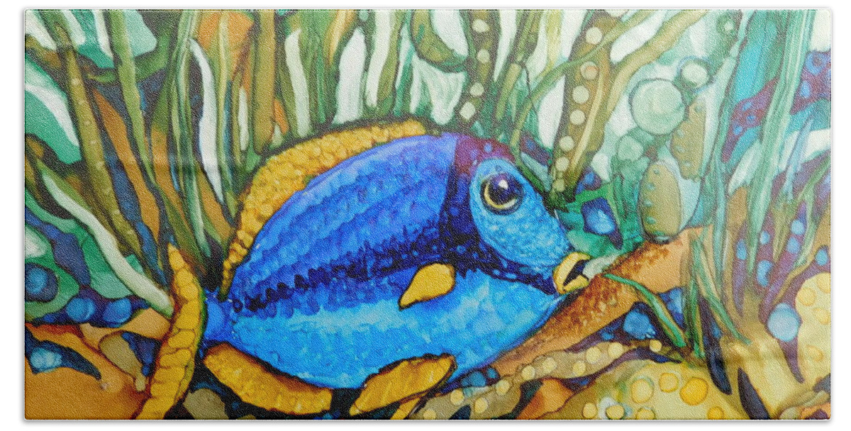 This Whimsical Blue Fish Swims Through The Magical World Beneath The Reef. (the 8 X 6 Tile Comes Mounted On A Canvas Panel In A Standard 8 X 10 Frame.) Bath Towel featuring the painting Blue Tang by Joan Clear