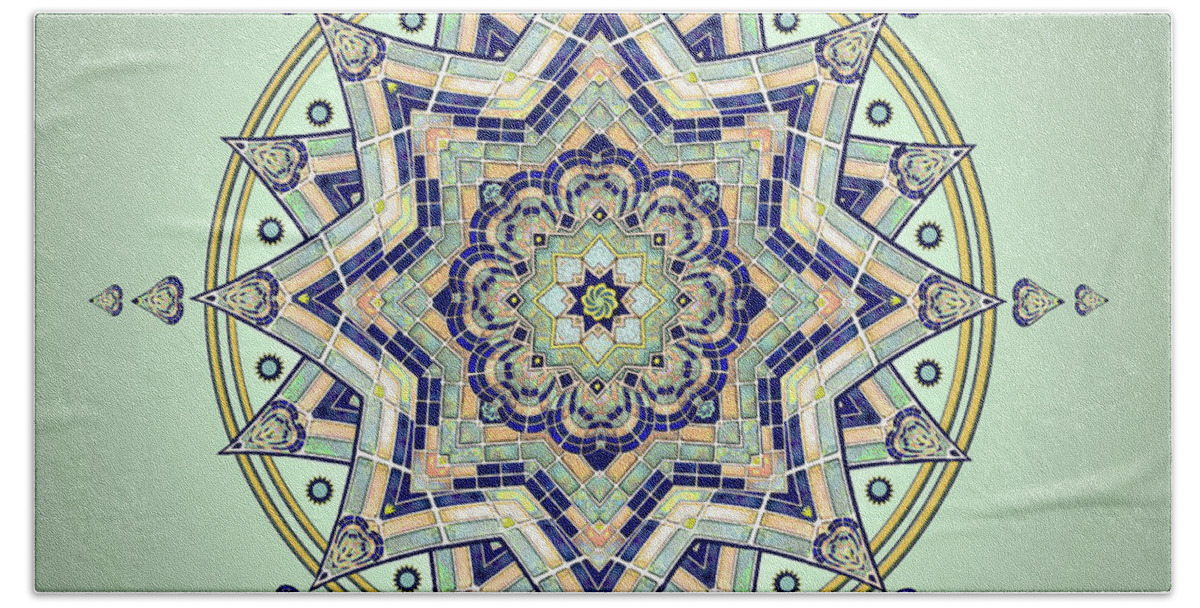 Tile Hand Towel featuring the drawing Blue Tile Star Mandala by Deborah Smith