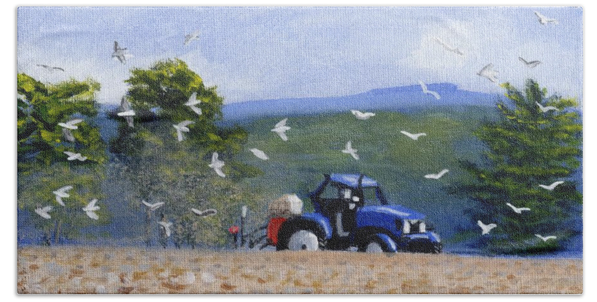 Blue Tractor Hand Towel featuring the painting Painting Blue Tractor Ploughing Field Lampeter Ceredigion Wales by Edward McNaught-Davis