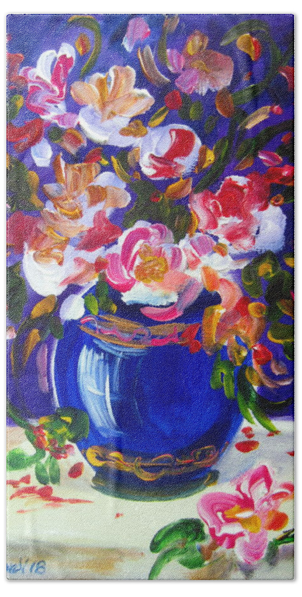 Flowers Hand Towel featuring the painting Blue Vase And Fresh Flowers by Roberto Gagliardi