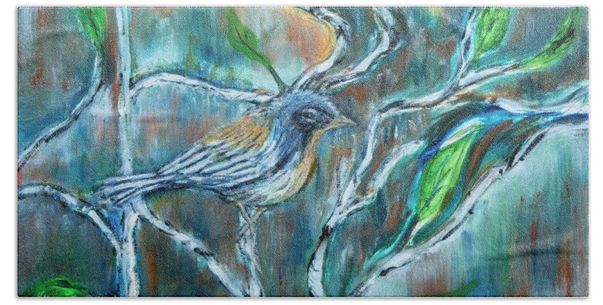 Oil Color Painting Blue Warbler Bird Birch Tree Leaves Print Blue Orange Green Hand Towel featuring the painting Blue Warbler in Birch by Lucille Valentino