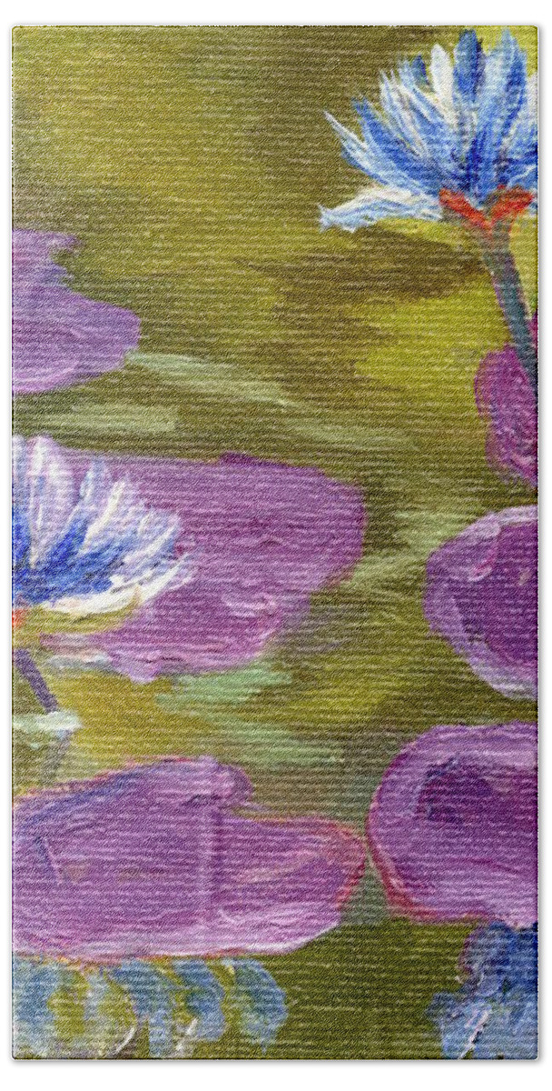 Abstract Bath Towel featuring the painting Blue Water Lilies by Marcy Brennan