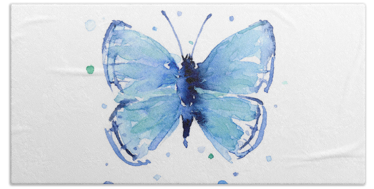 Watercolor Hand Towel featuring the painting Blue Watercolor Butterfly by Olga Shvartsur