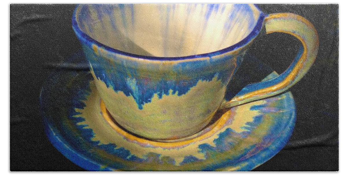  Bath Towel featuring the ceramic art Blue with Northern Lights Teacup and Saucer by Polly Castor