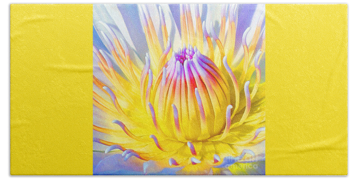  Blue Lotuses Bath Towel featuring the photograph Blue Yellow Lily by Jennifer Robin