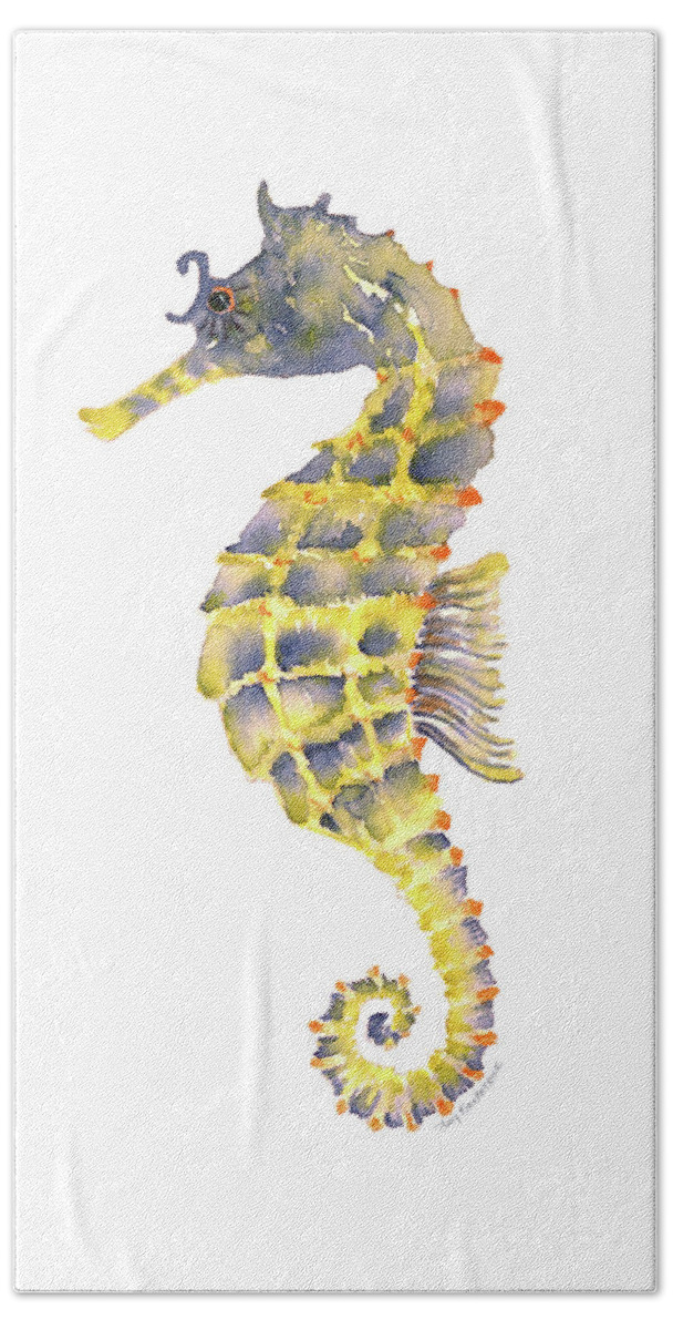 Seahorse Painting Bath Towel featuring the painting Blue Yellow Seahorse - Square by Amy Kirkpatrick
