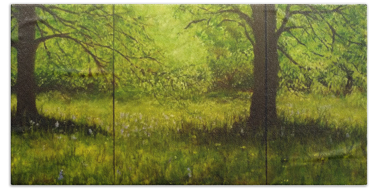 Tree Bath Towel featuring the painting Bluebell Wood in Spring Triptych by Lizzy Forrester