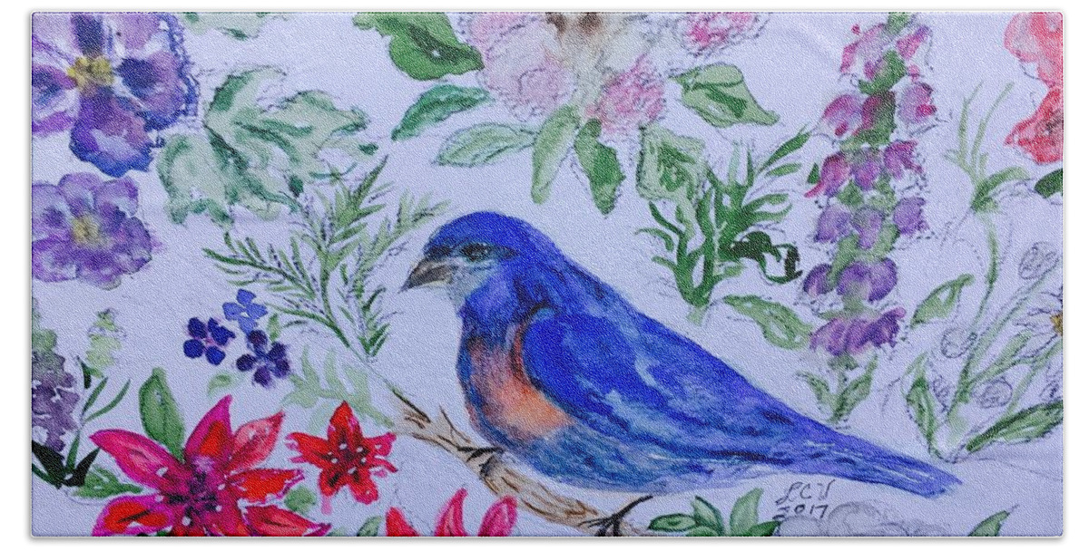 Bluebird Hand Towel featuring the painting Bluebird in a garden by Lucille Valentino