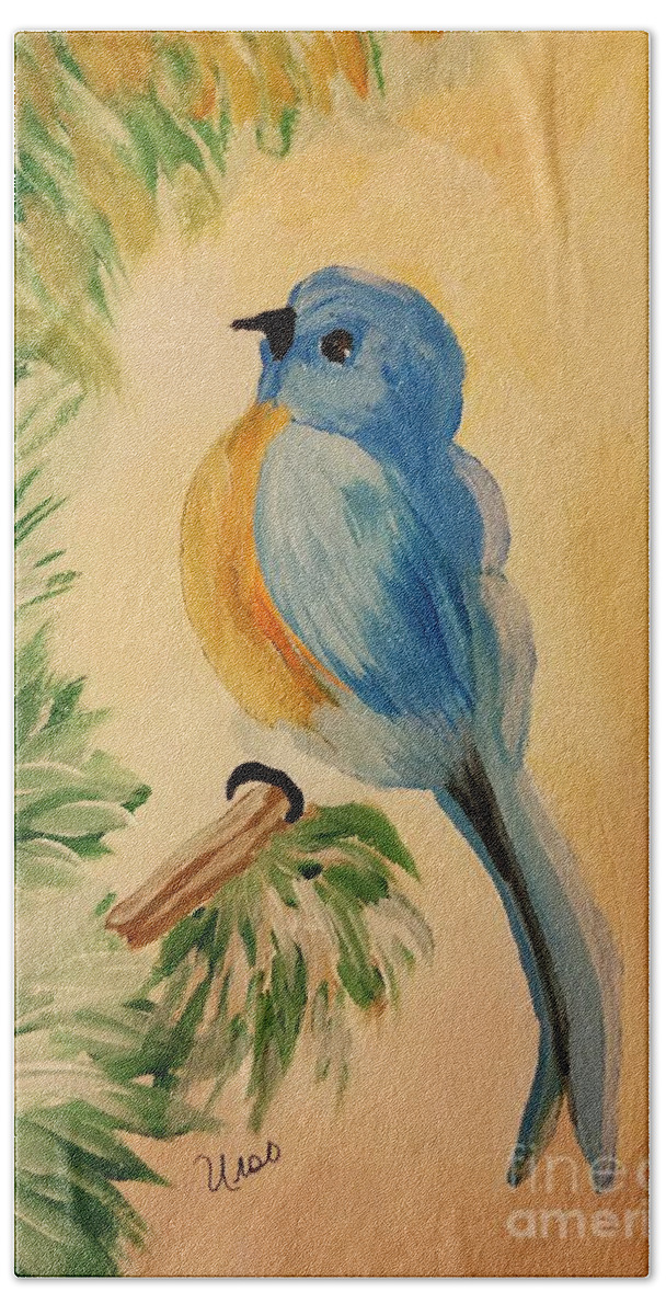 Bluebird Hand Towel featuring the painting Bluebird by Maria Urso