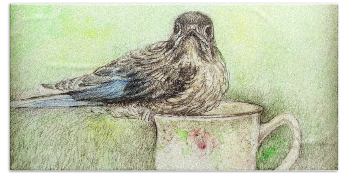 Bluebird Hand Towel featuring the mixed media Bluebird with Teacup by AnneMarie Welsh