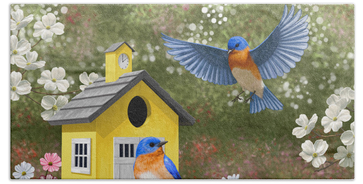 Wild Birds Bath Towel featuring the painting Bluebirds and Yellow Birdhouse by Crista Forest