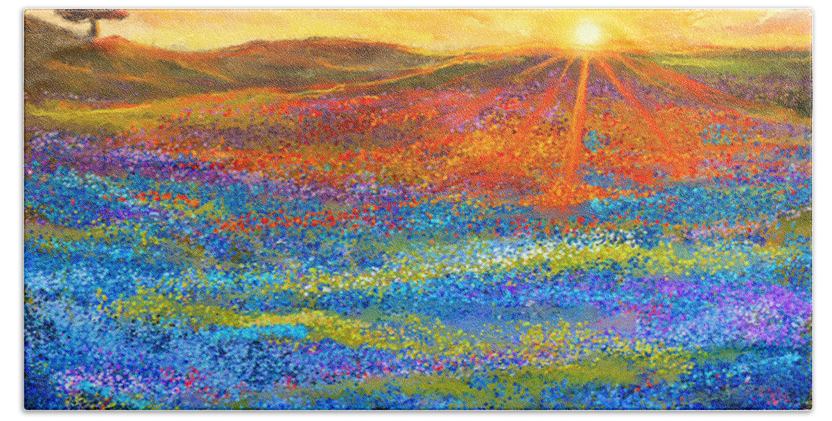 Bluebonnet Bath Towel featuring the painting Bluebonnet Horizon - Bluebonnet Field Sunset by Lourry Legarde