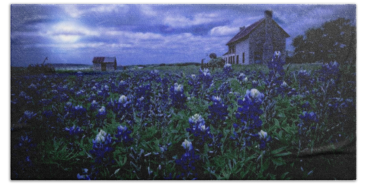 Bluebonnets Bath Towel featuring the photograph Bluebonnets in the Blue Hour by Linda Unger