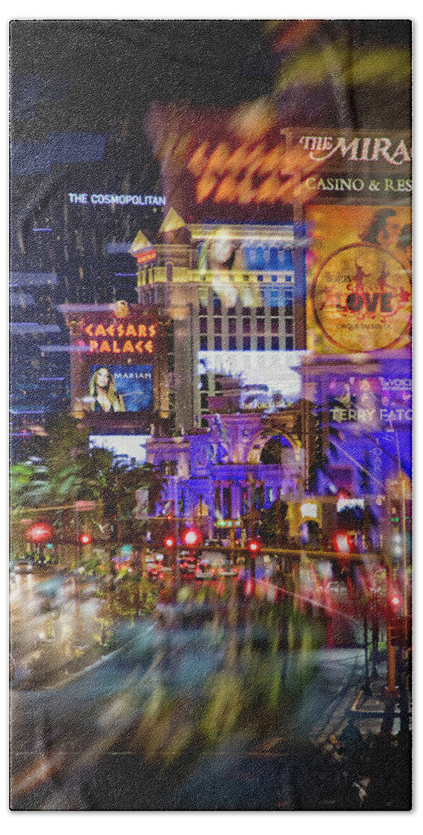  Las Bath Towel featuring the photograph Blurry Vegas Nights by Ricky Barnard