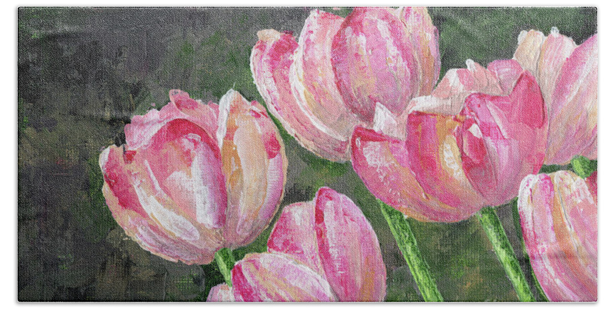 Tulips Bath Towel featuring the painting Blushing Tulips by Annie Troe