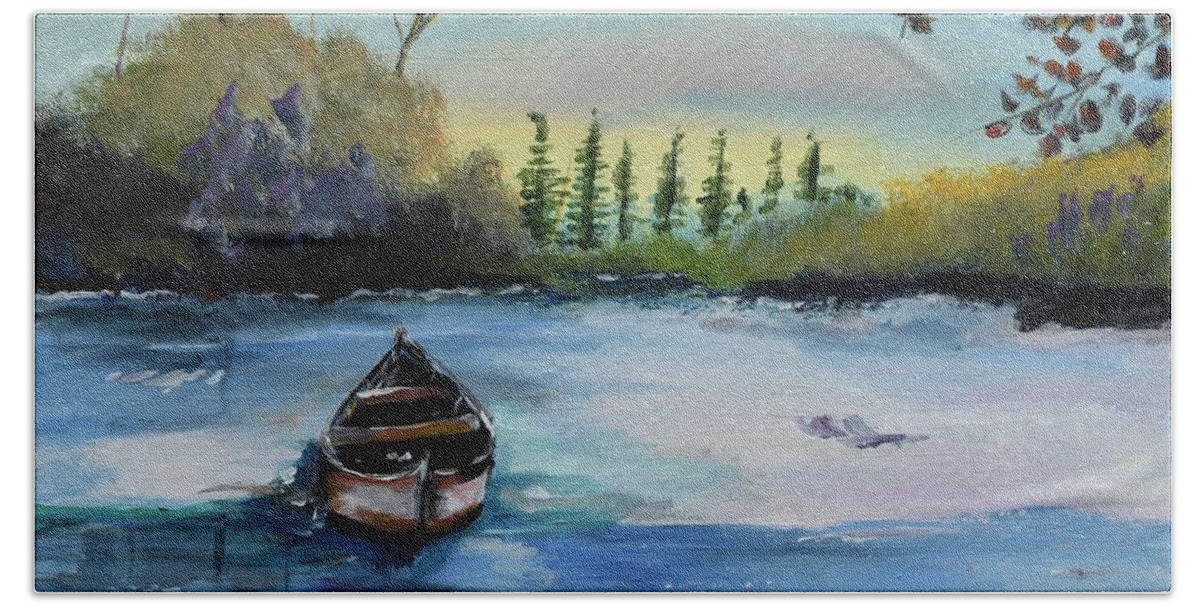 Boat Bath Towel featuring the painting Boat Abandoned on the Lake by Jan Dappen