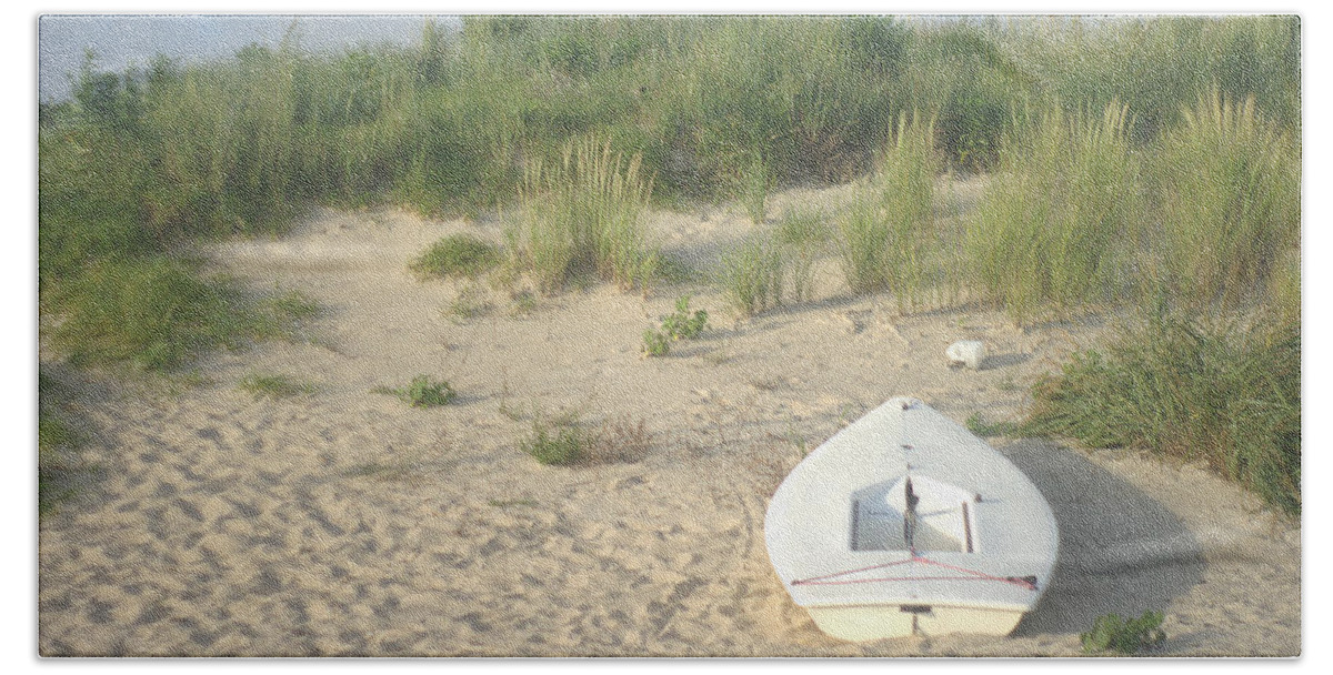 Skiff Bath Towel featuring the photograph Boat At Chicks Beach VA Beach Chesapeake Bay by Suzanne Powers