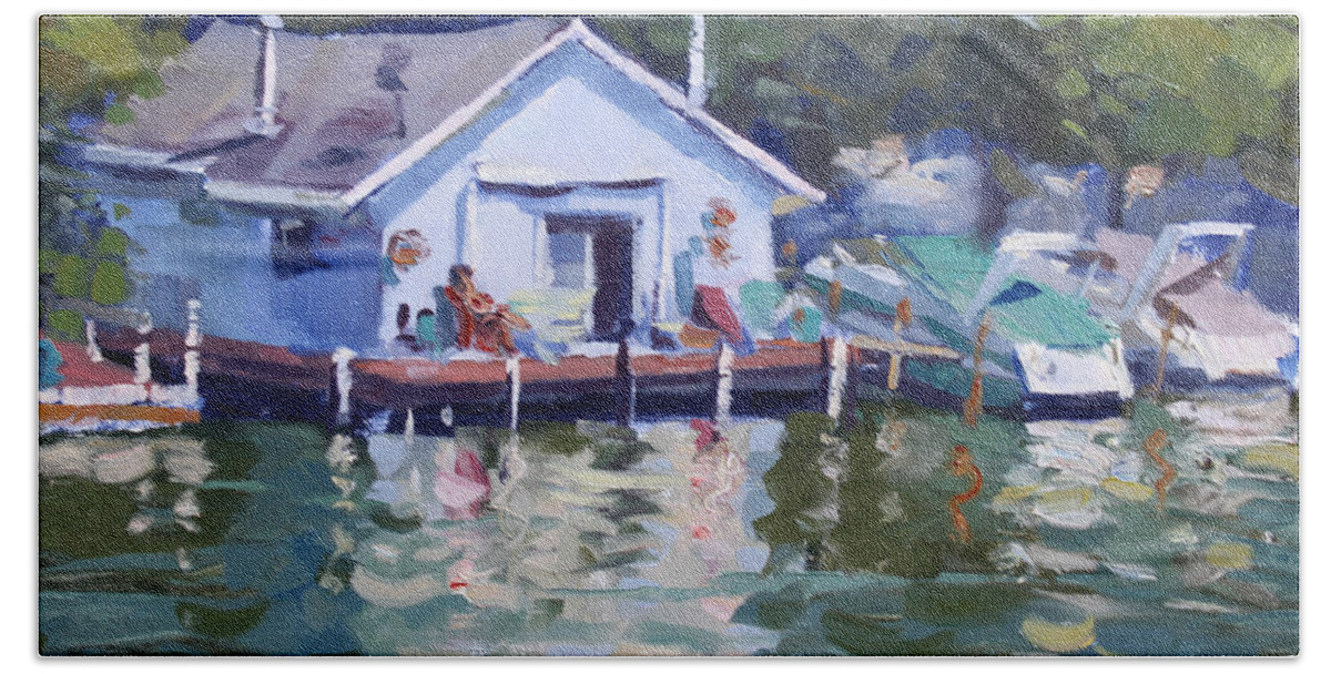 Boat House Hand Towel featuring the painting Boat House at Tonawanda Canal by Ylli Haruni