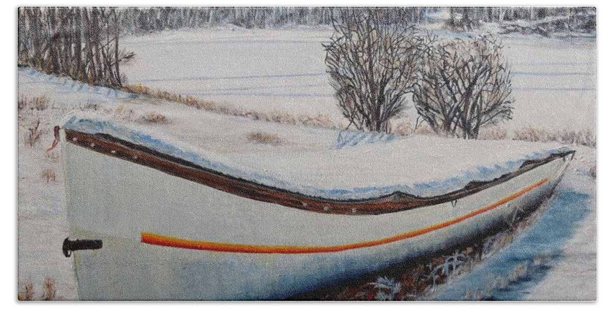 Boat Bath Towel featuring the painting Boat under snow by Marilyn McNish