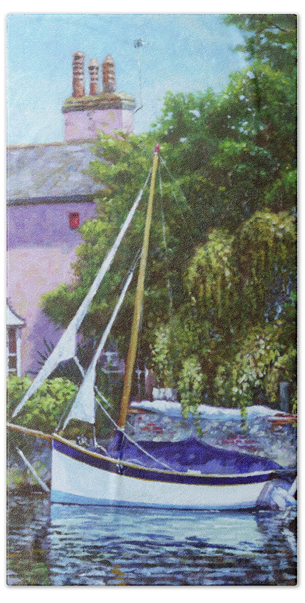 Boat Hand Towel featuring the painting Boat with pink house on river by Martin Davey