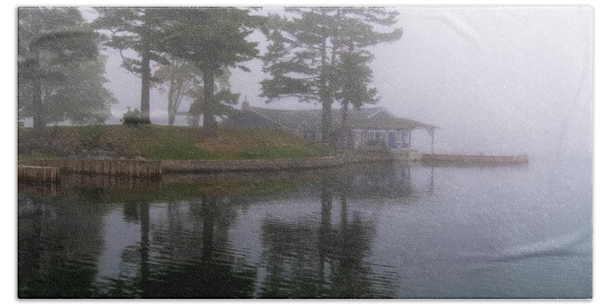 St Lawrence Seaway Bath Towel featuring the photograph Boathouse In Fog by Tom Singleton