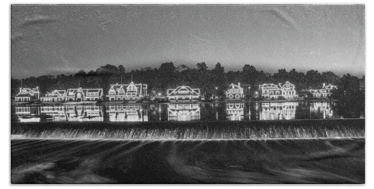 Boathouse Bath Towel featuring the photograph Boathouse Row Sparkling in the Night in Black and White by Bill Cannon