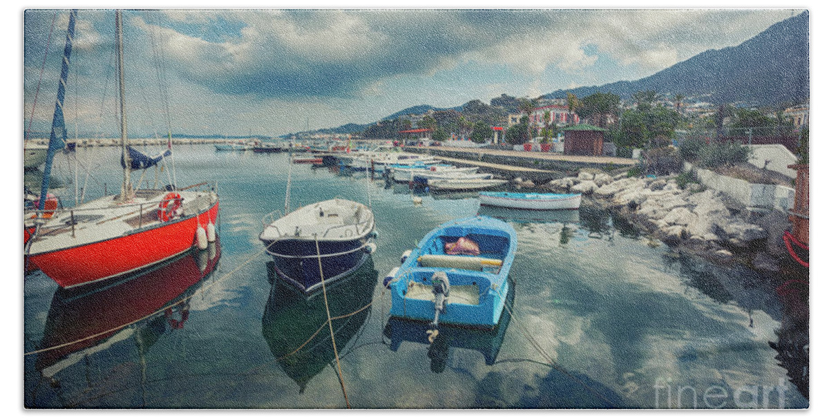 Ischia Bath Towel featuring the photograph boats at harbour , Ischia island in Italy by Ariadna De Raadt