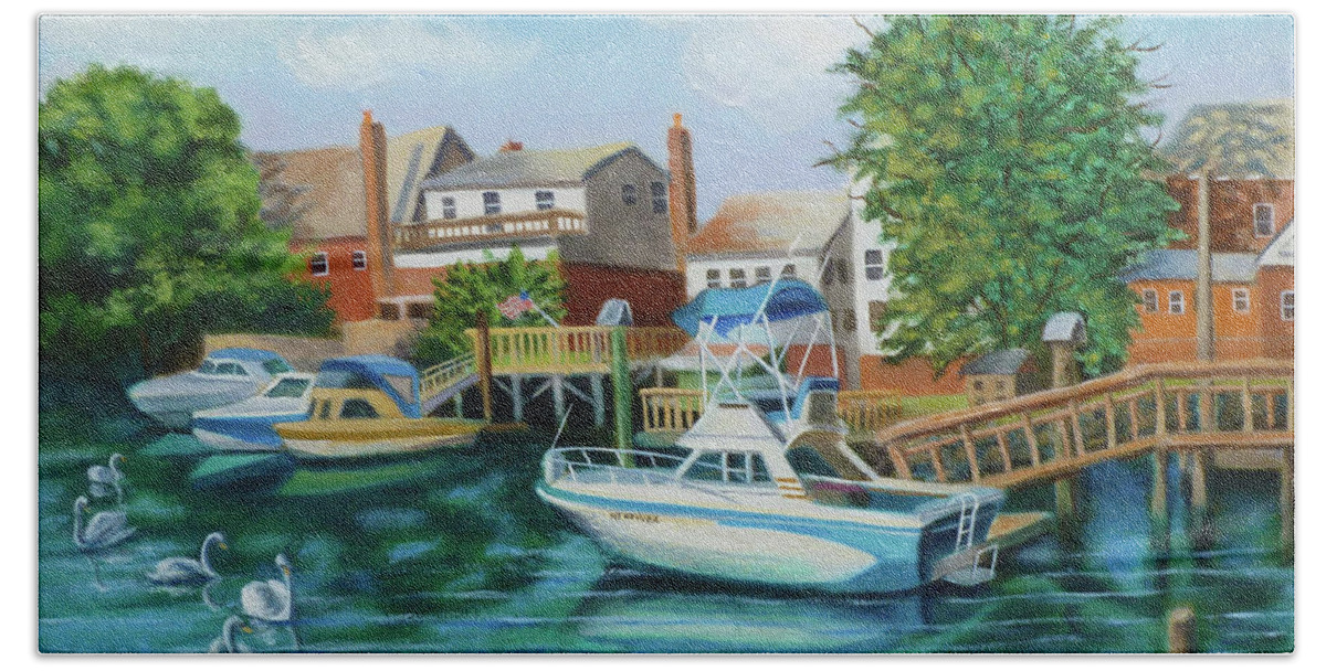 Boats Hand Towel featuring the painting Boats Behind Cross Bay Blvd. by Madeline Lovallo