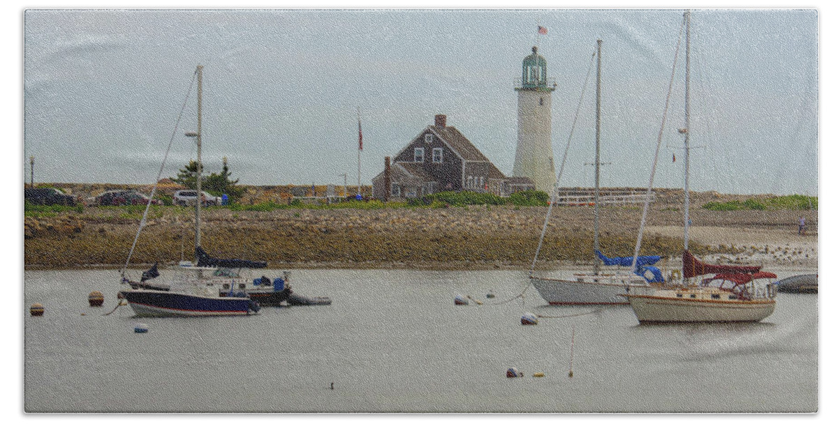 Boats By Scituate Lighthouse Bath Towel featuring the photograph Boats By Scituate Lighthouse by Brian MacLean