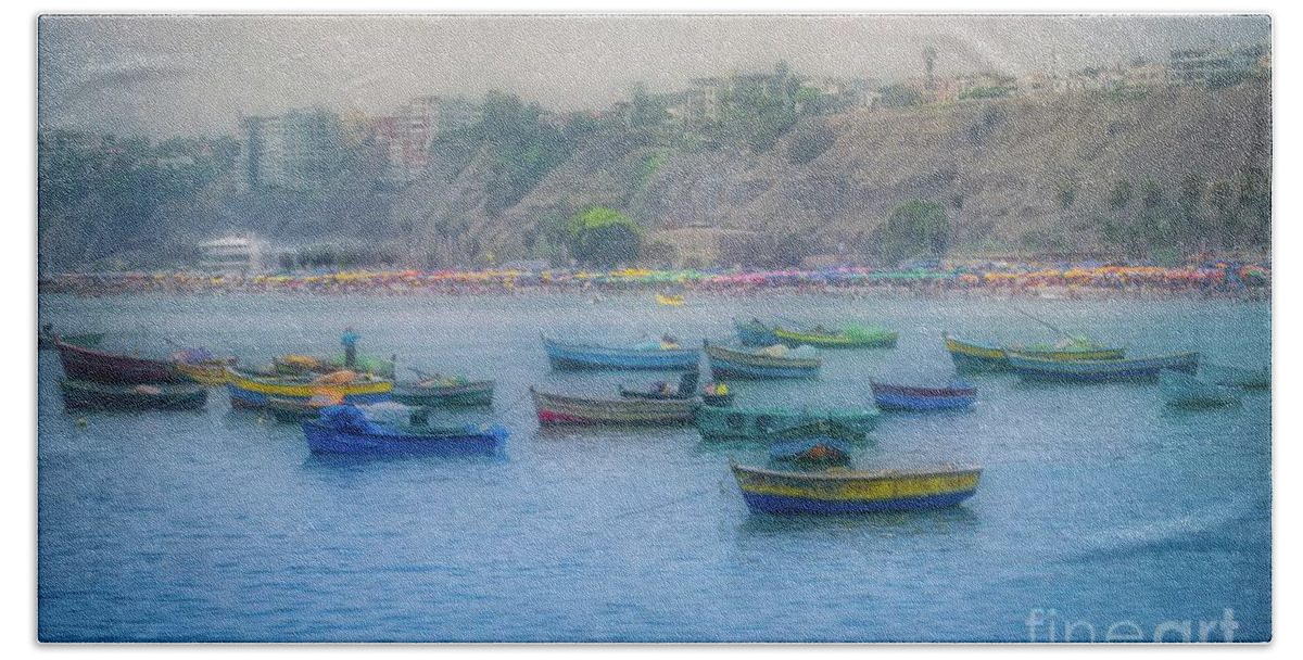 Fishing Boats Bath Towel featuring the photograph Boats in Blue Twilight - Lima, Peru by Mary Machare