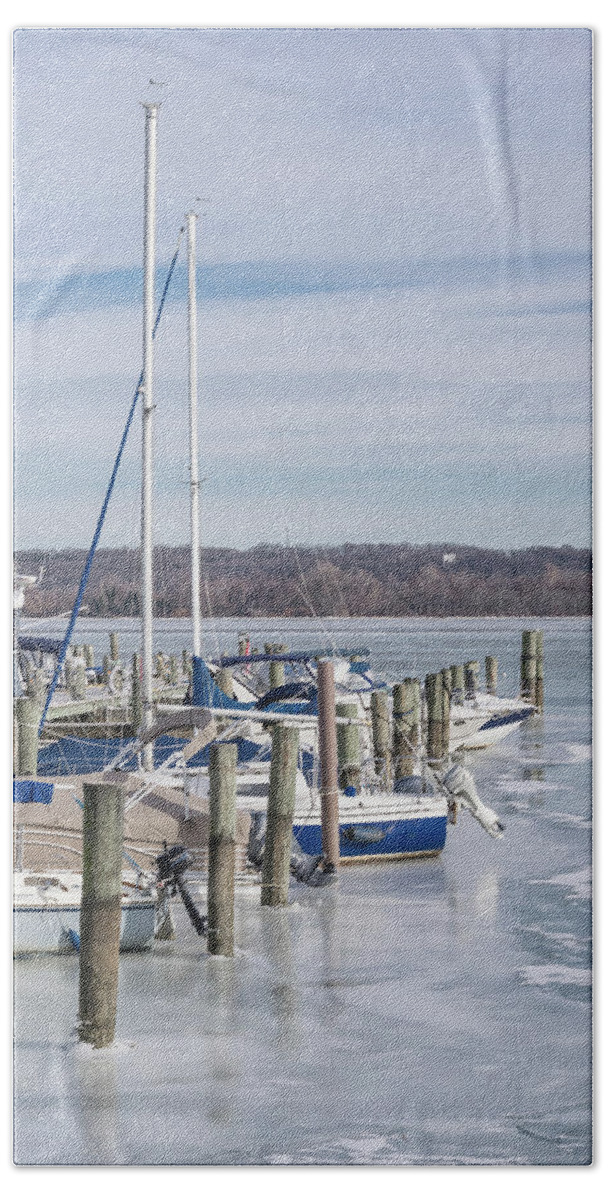Boats Bath Towel featuring the photograph Boats In Icy Harbor by Liz Albro