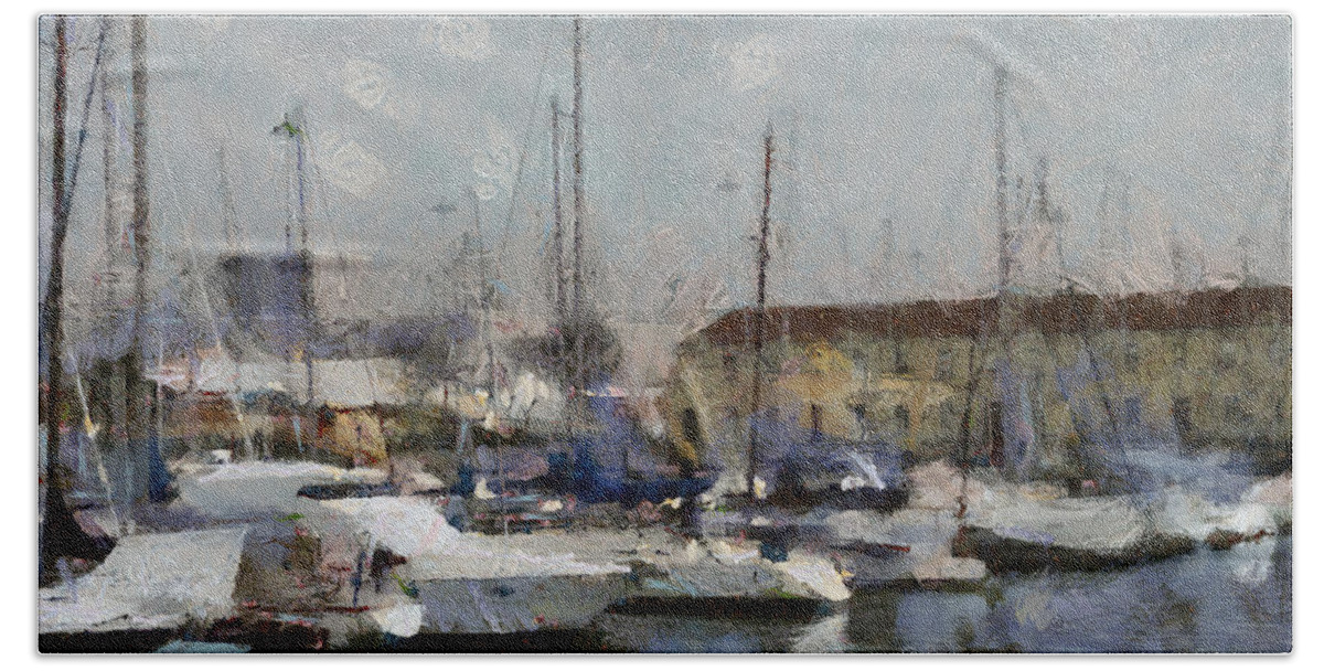 Seascape Bath Towel featuring the painting Boats in marina by Dimitar Hristov