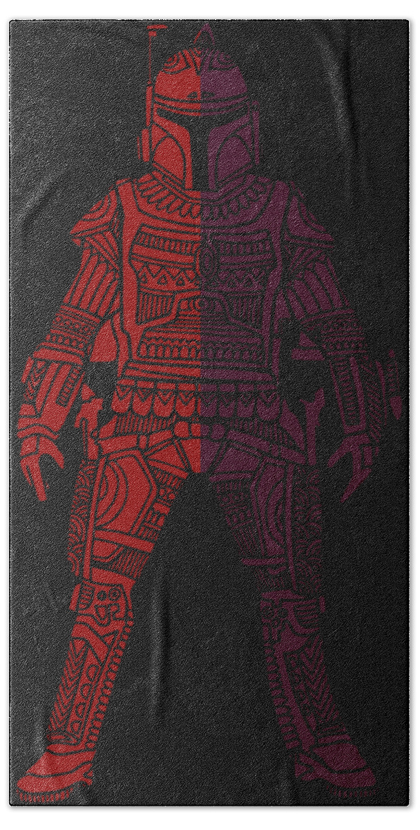 Boba Bath Towel featuring the mixed media Boba Fett - Star Wars Art, Red Violet by Studio Grafiikka