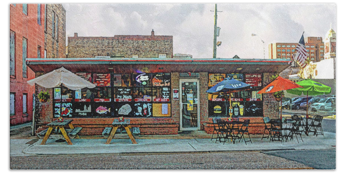 Mobile Bath Towel featuring the digital art Bobs Downtown Diner Front Door by Michael Thomas